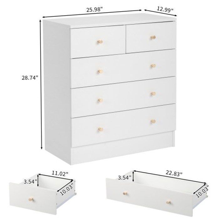 ALIGHTUP - Chest of Drawers - 5 Drawers - Bedroom Furniture - 66 X 33 X 73 Cm, for Bedroom, White and Wood Color