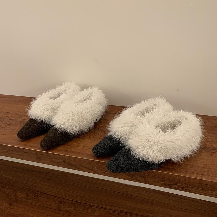 Korean Version of Square Head Plush Shoes Single Shoes Women's 2025 Warm Cotton Shoes French Thick Heel Retro Black Small Leather Shoes