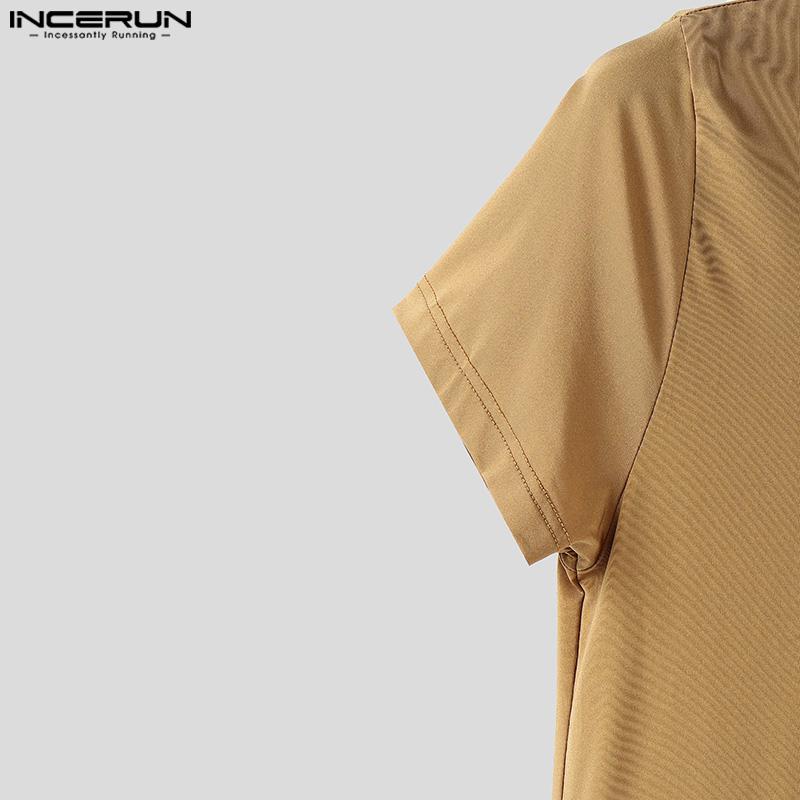 INCERUN Men Short Sleeve Front Zipper Semi-Sheer Jumpsuits Pajamas Sleepwear