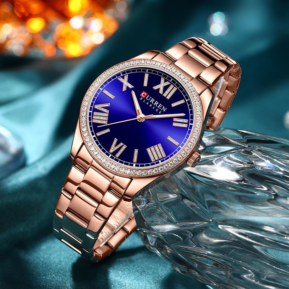 CURREN NEW Luxury Stainless Steel Wristwatches for Ladies Romantic Rose Pink with Rhinestones Roman Numeral Dial