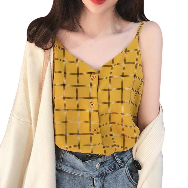 Damska bluzka bez rękawów z dekoltem w serek zapinana na guziki w świeżym stylu, top na ramiączkach, kamizelka z szyfonu w kratę