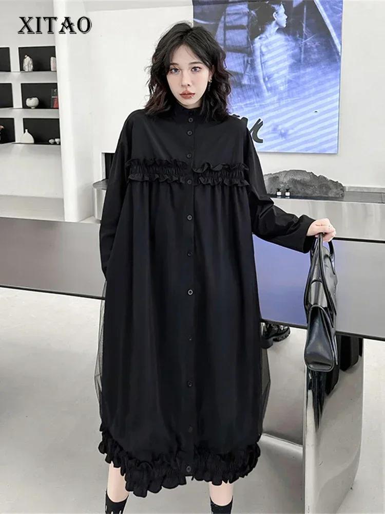 

XITAO Black Ruffle Single Breast Patchwork Casual Dress ZY8158