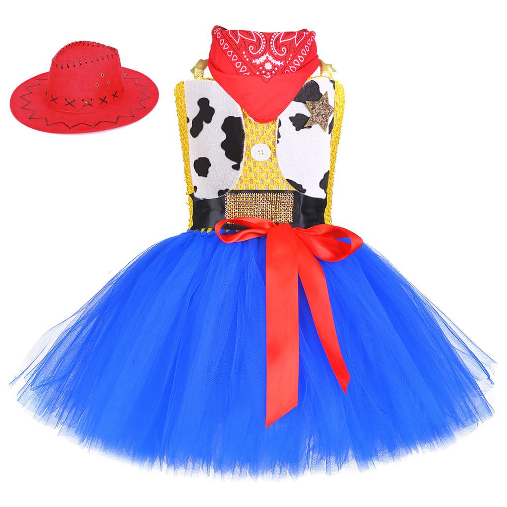 Pink Princess Tutu Dress, Retro Cowboy Denim Layered Kids Party Mesh Dress for Pretend Play