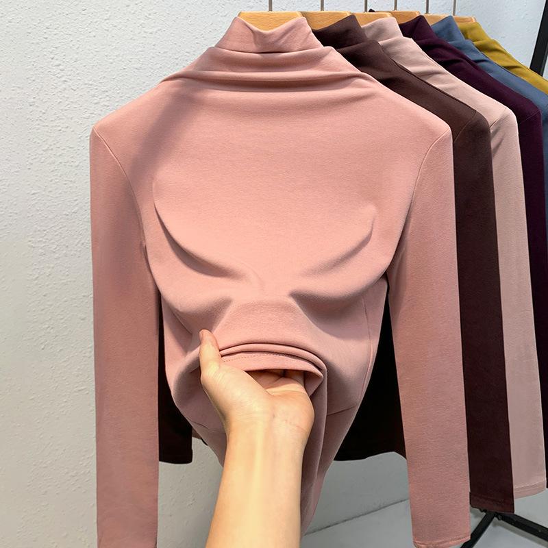 High-neck Base Shirt for Women New Women's Solid Color Simple Long-sleeved T-shirt Plus Velvet Thermal Inner Waist Top