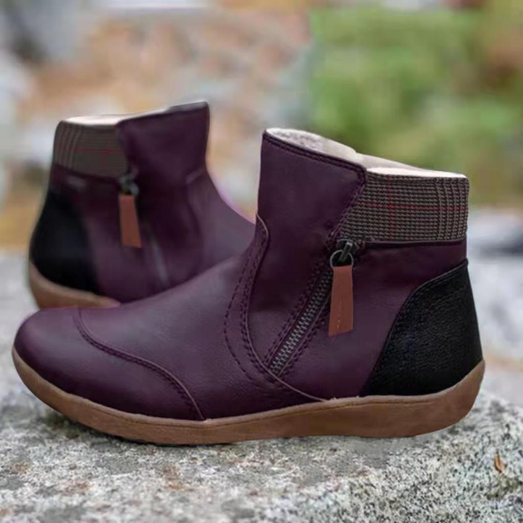 Damen Stiefeletten Übergröße Kurz 2025 Herbst und Winter Doppelreißverschluss Flache Schneestiefel Keilabsatz Niedrig geschnittene Schuhe Botas Femininas