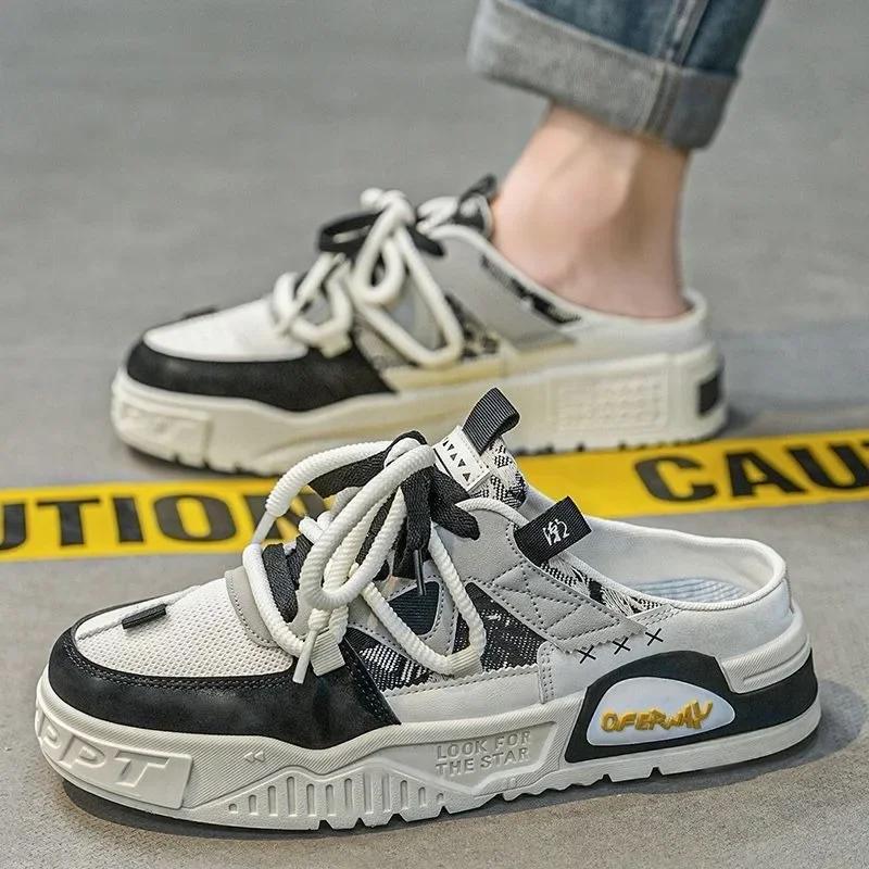 Fashion 2025Summer Fashion Designer Men Half Slipper Breathable Casual Platform Shoes Lightweight Sneakers Outdoor Walking Flats Loafers