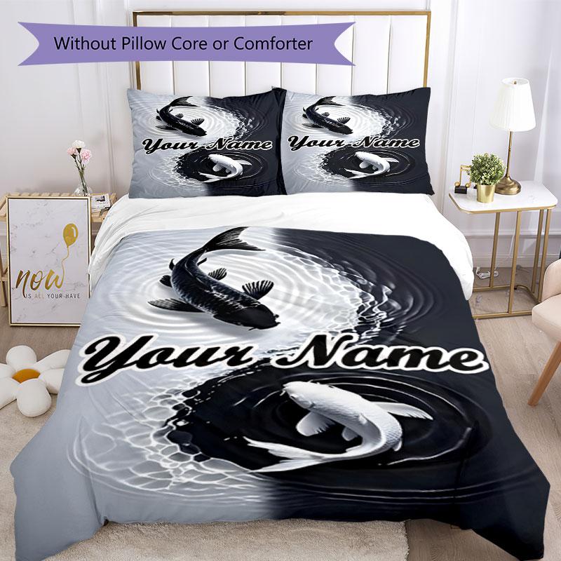 3PC Custom Name Koi Fish Yin Yang Bedding Set Duvet Cover Closure Includes 1 Duvet Cover & 2 Pillowcases for Bedroom