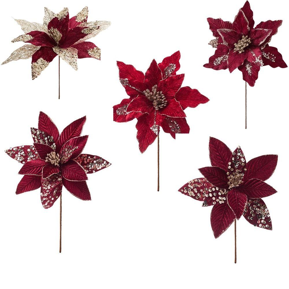 New 30CM Artificial Poinsettia Flower Glitter Sequins Christmas Glitter Flower Sparkling Sequins Flower Christmas Tree Accessory