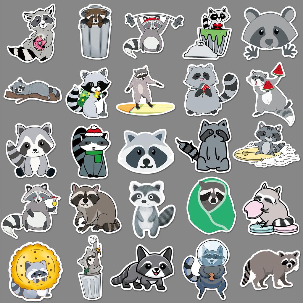 50 Pictures of Little Raccoon Doodle Cartoon Animals Children's Cognitive Guka DIY Skateboard Suitcase Stickers Waterproof