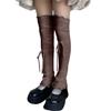 Women Japanese Ribbed Leggings Gaiters with Lace Up Bandage Aesthetic Ruffle Trim Thigh High Leg Warmers Footless Socks