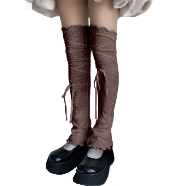 Women Japanese Ribbed Leggings Gaiters with Lace Up Bandage Aesthetic Ruffle Trim Thigh High Leg Warmers Footless Socks
