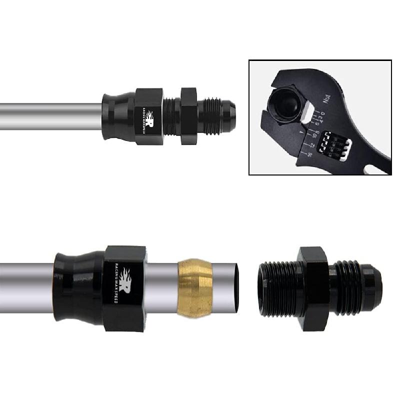 6AN Male Flare To 3/8" Fuel Hardline Tube Fitting Adapter Connector Aluminum Alloy Black Anodized 2Pcs