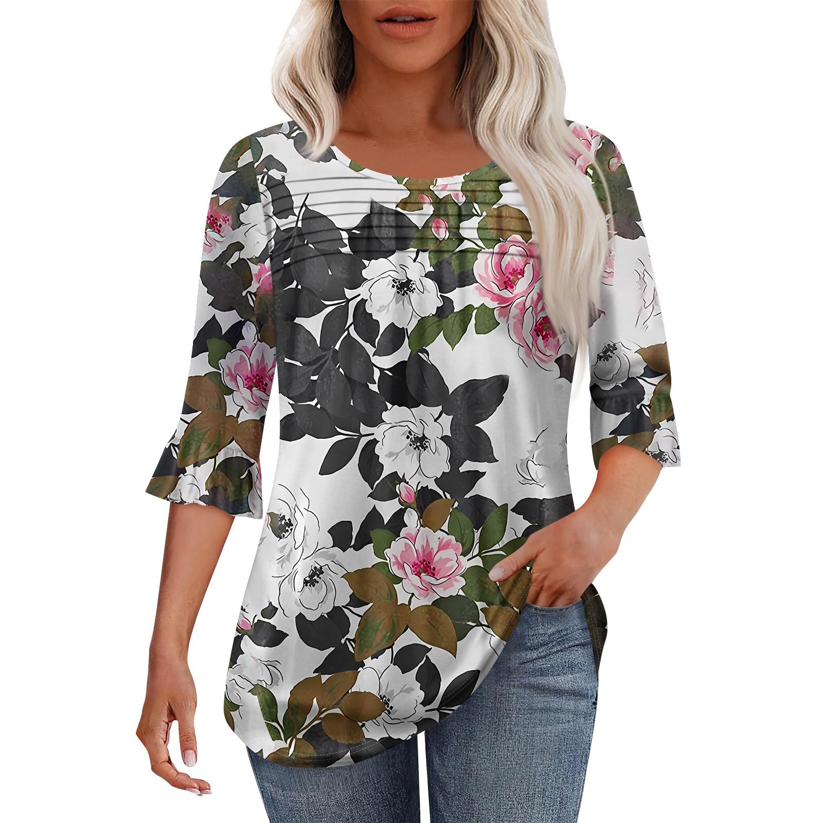 

Женская мода круглый вырез шея плиссированный спереди напечатанные точки расклешенный топ рукав 3/4 XXXL