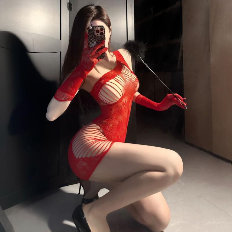 Sexy Underwear, Sexy Mesh, Hip-wrapped Skirt, Diagonal Shoulder One-piece, Red Hip-wrapped Perspective Mesh for Women