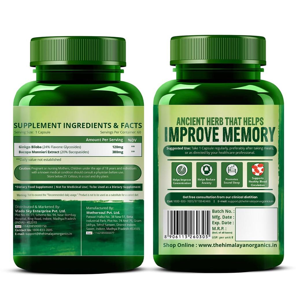 Vlado’s Himalayan Organics Ginkgo Biloba 500mg With Brahmi Capsules for Focus, Memory & Energy, 60 Veg Capsules