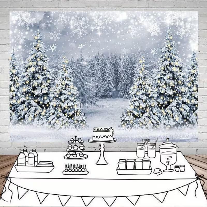 2D White Winter Christmas Backdrop, Snowy Pine Tree Forest Scene Background for Party Decoration