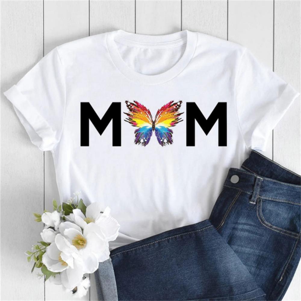 New Women T Shirt Fashion MOM Butterfly Floral Print Tshirt Casual Short Sleeve Tops Tee Women T-shirts 90s Lady Female T Shirt