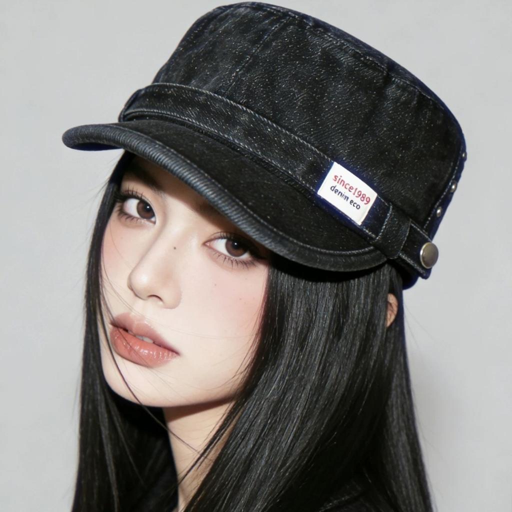 Korean Ins Retro Washed Denim Flat Top Cap Women'S Japanese Old Tooling Advanced Sense Equestrian Hat Military Hat