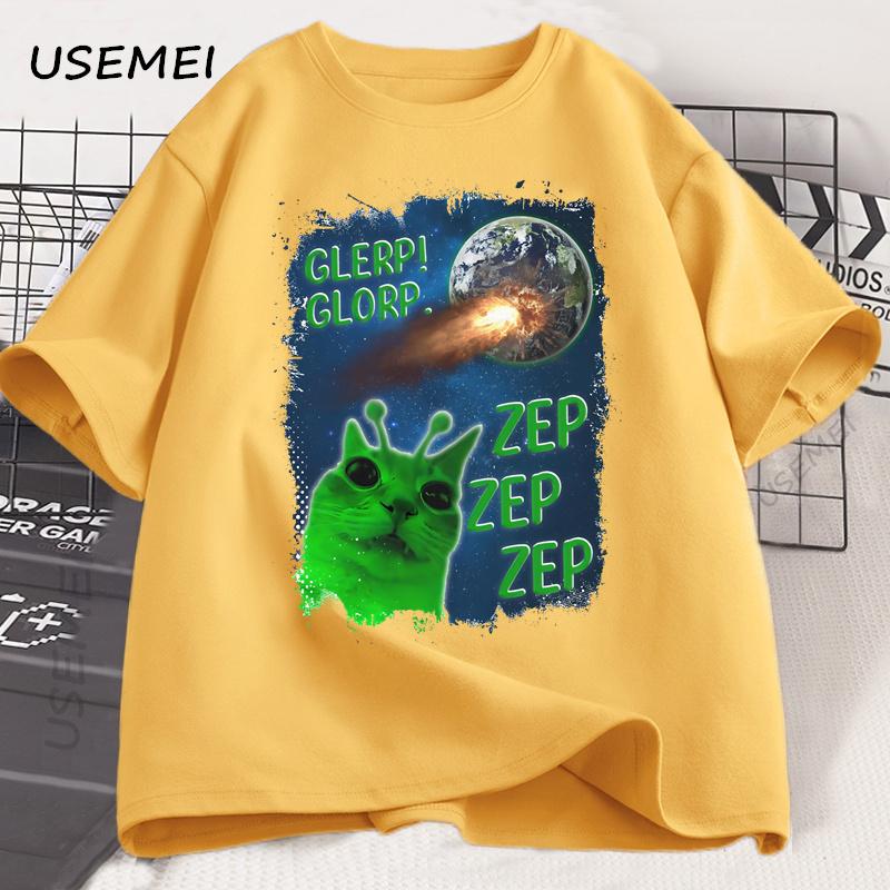 Funny Alien Cat T-Shirt Men Women Humor Brainrot T Shirt Silly Cats Joke T Shirts Cotton Short Sleeve Harajuku Tees Streetwear