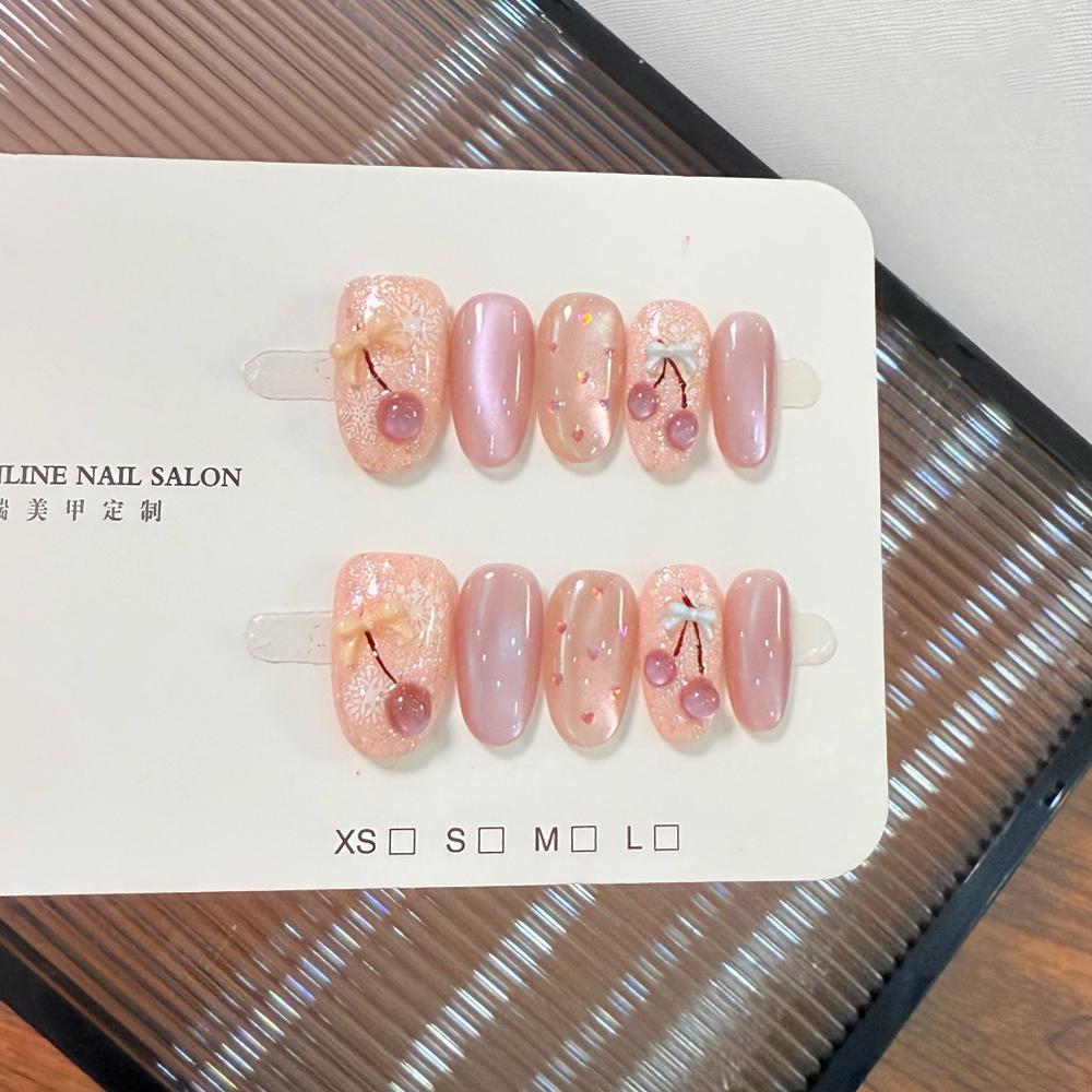 10Pcs Cute Cat Eye Short Press On Nails Christmas Snowman Bow Snowflake Cherry Apple Full Cover Fake Nails Gift