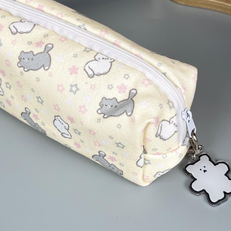 Simple Cute Cartoon Cat Pattern Pencil Case Portable Stationery Organizer Pouch Kawaii Girls School Supplies Makeup Storage Bag