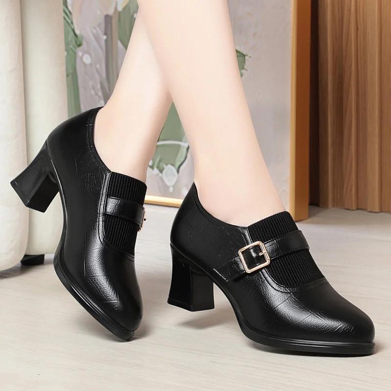 Autumn Fashion Comfort Deep Mouth Soft Leather Shoes Women Pumps  Spring Block Heels Shoes for Office Mom Model Daily