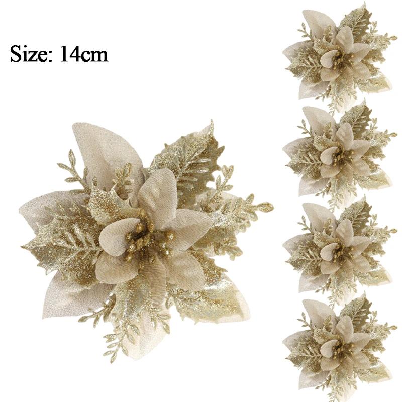 10/1pcs 15cm Glitter Christmas Flowers Artificial Poinsettia Flower Head Xmas Tree Ornament Home Decoration Navidad New Year