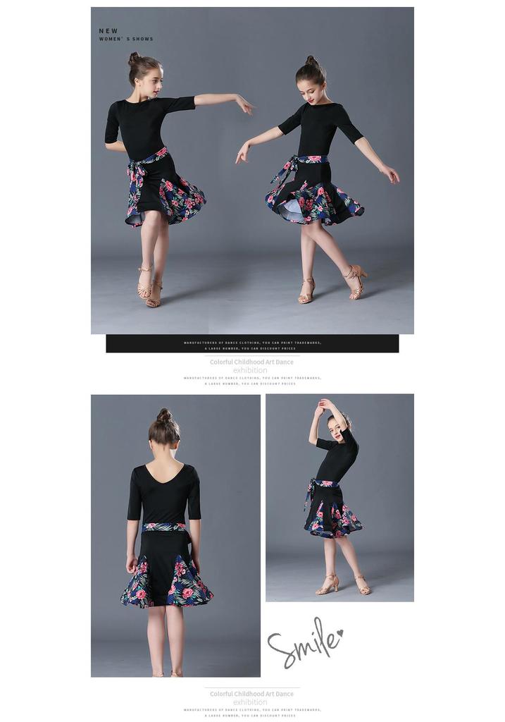 Girls' Short-Sleeve Latin Dance Skirt – Spring/Summer Competition and Practice Costume