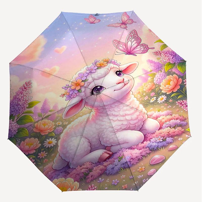 1PC Lamb Flowers Umbrella-8-Rib Reinforced Portable Folding Travel Suitable for All Seasons Outdoor Daily Use -J0367
