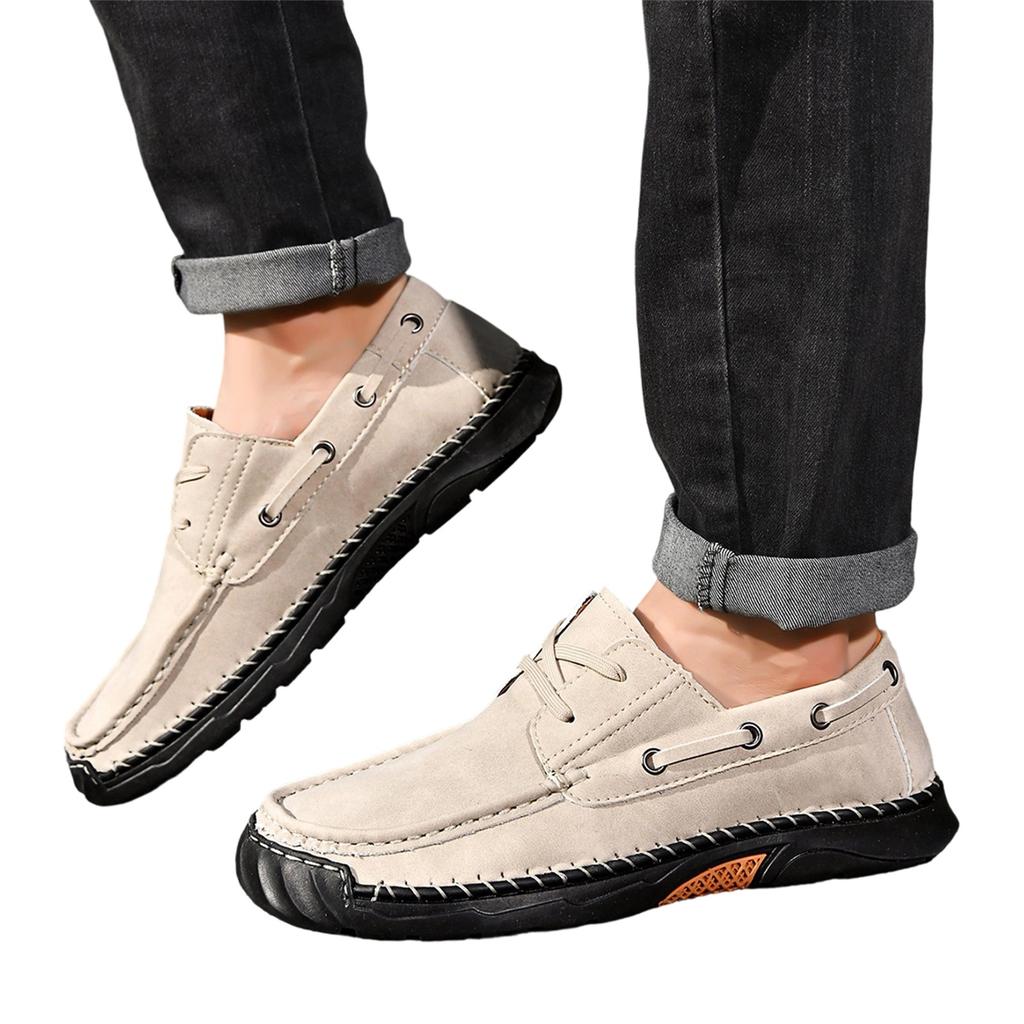 Men's Casual Large Size Lace-Up Round Toe Leather Loafers Slip-On Shoes Durable Flexible Sole Comfortable Fit