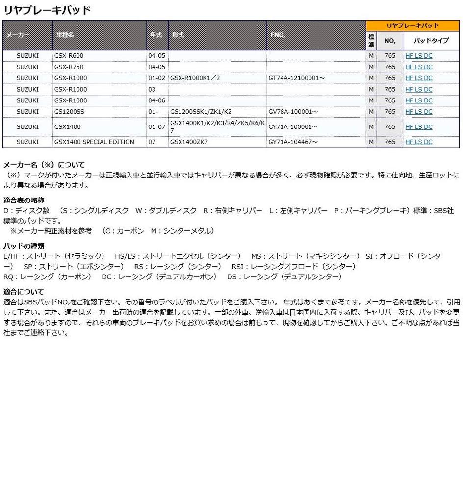 KITACO SBS Brake Pads 765LS for and GSX1400 GSX-R600/750/1000, GS1200SS, (Product Code 777-0765030)