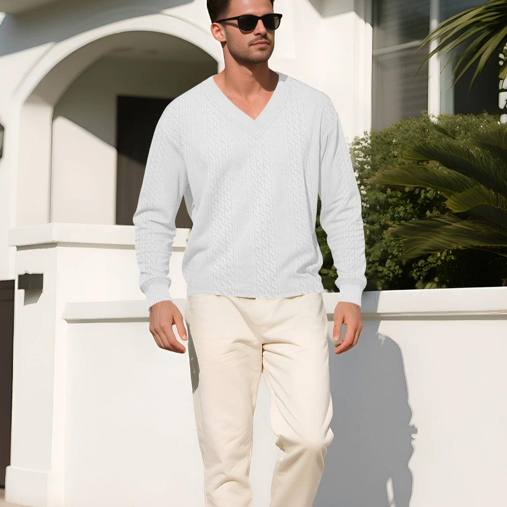 Men Vertical Cable Jacquard Textured V Neck Sweatshirt Ribbed Cuffs Long Sleeve Loose Fit Solid Color Spring Fall Daily Smart Casual Pullover Top