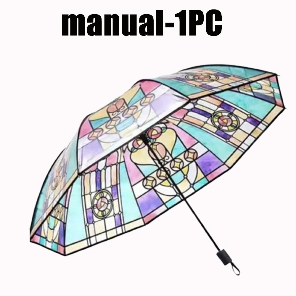 

Romantic Vintage Stained Glass Automatic Rainbow Clear Umbrella for Women Rainy Day Fashion Accessory Iron&8K