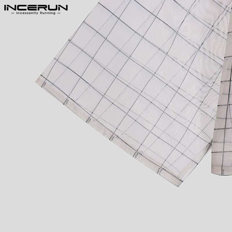 INCERUN Summer Mens See Through Baggy Short Sleeve Tops Up Plaid Shirts