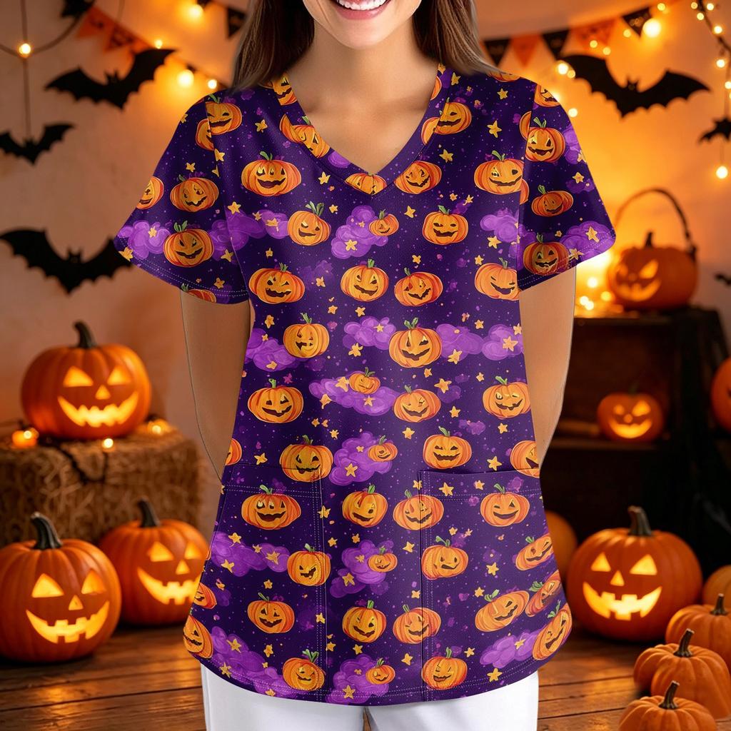 Women Halloween Print Loose V Neck Short Sleeve Medical Scrub Top Nurse Uniform with Pockets Comfortable Fit Professional Workwear