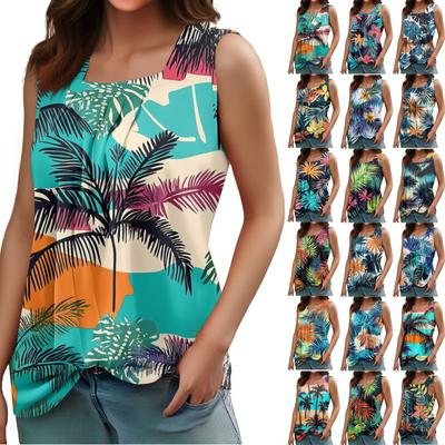 Damen Sommer Casual Plissee Quadratischer Ausschnitt Ärmelloses Tank Top Bedrucktes T-Shirt