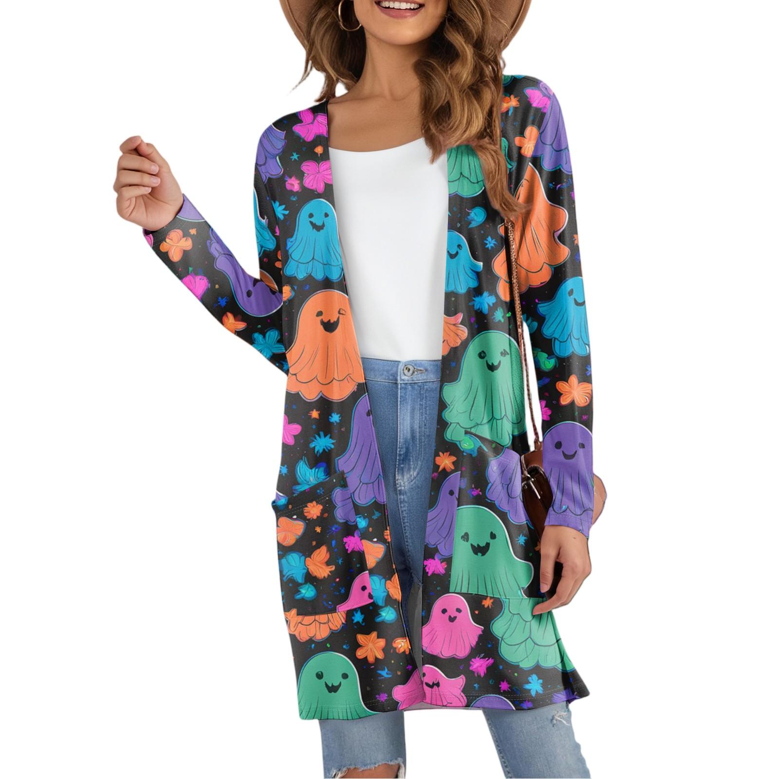 

Женский модный повседневный удобный кардиган средней длины с принтом на Хэллоуин и карманами S фиолетовый