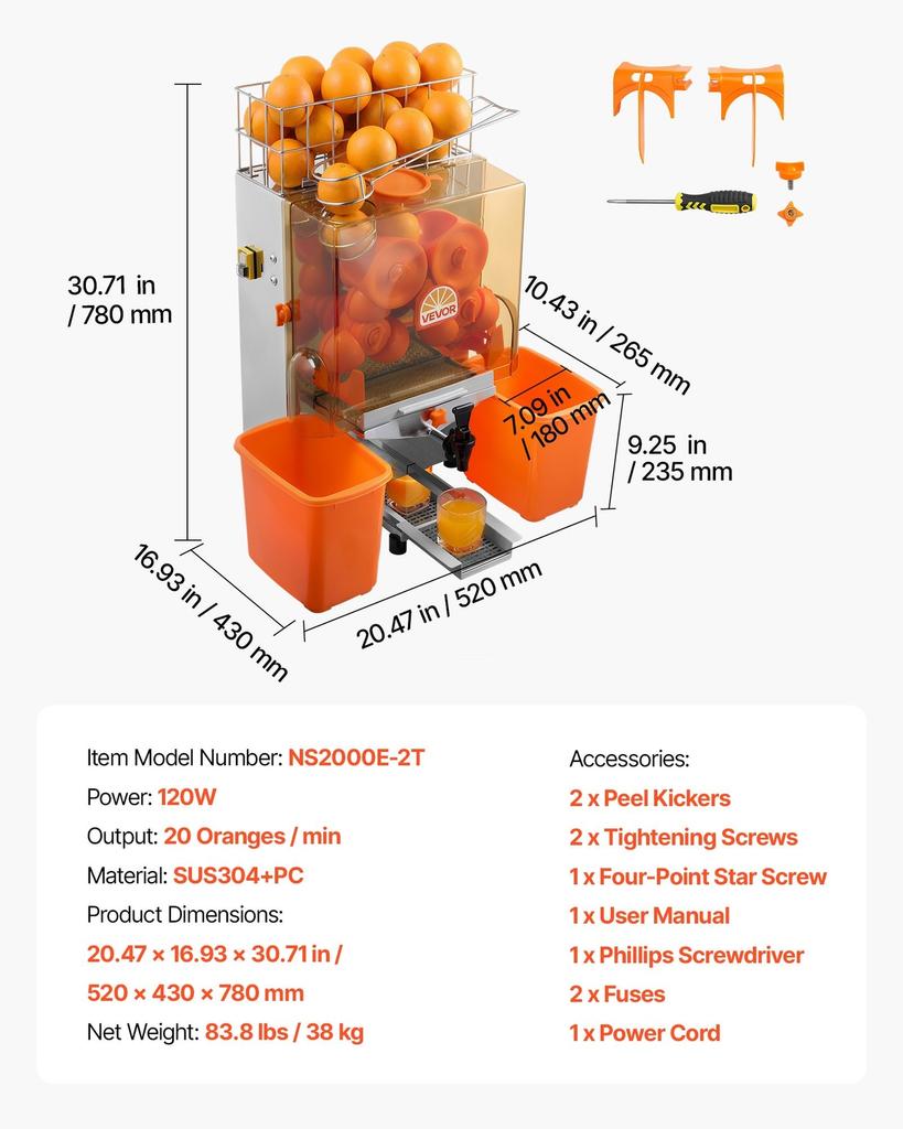 Commercial Orange Juicer Machine, 120W Electric Orange Juice Press, Stainless Steel Orange Squeezer for 20 per Minute, Lemon Citrus Pomegranates
