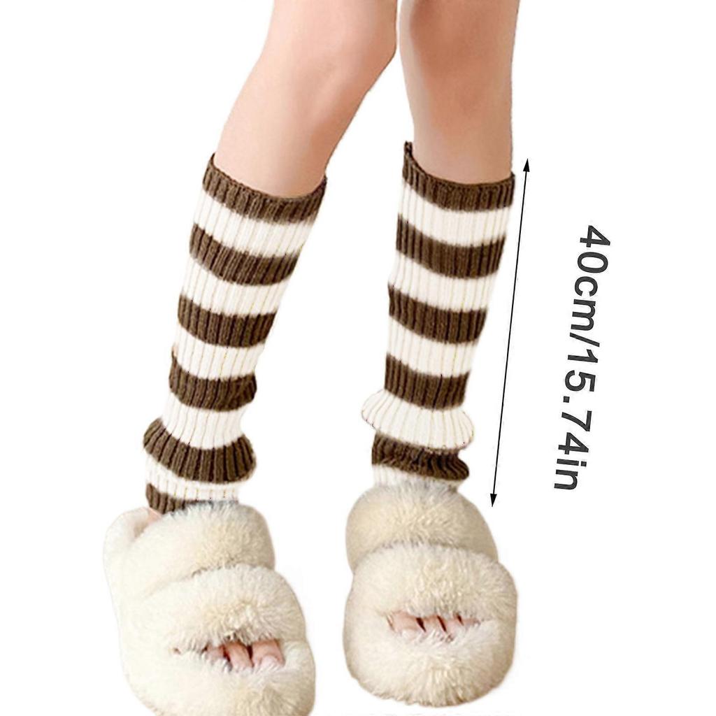 Vintage Ribbed Knitted Stretch Leg Warmers for Women Girls Juniors Striped Boot Covers Toppers Calf Socks for 80s Party  coffee khaki