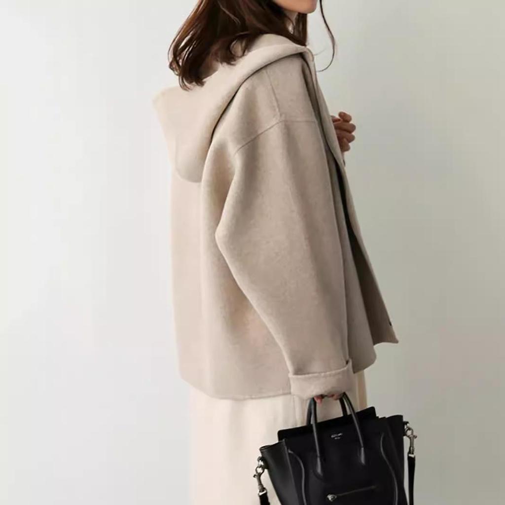 Women's Short Loose Fit Hooded Wool Coat - Korean Style, Solid Color, Petite, Casual, Autumn/Winter. In Stock, Ships Same Day.