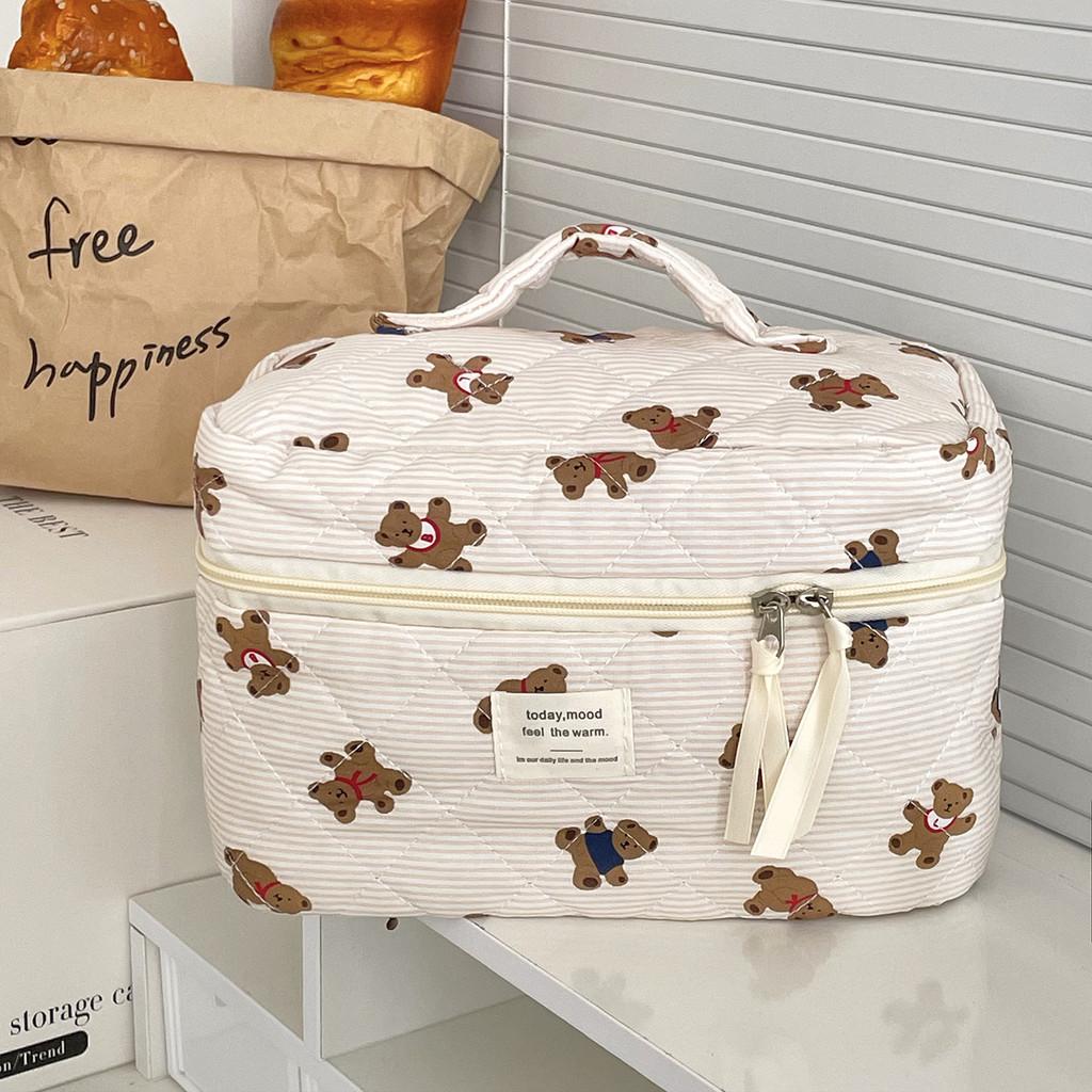 Blue Striped Bear Cosmetic Bag With Quilted Storage For Daily Use And Travel