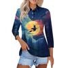 Women's Fashion Casual Lapel Short 3/4 Sleeve Halloween Print Shirt Women's Button Up Tops