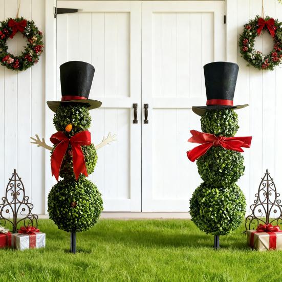 Christmas Snowman Topiary Artificial Snowman Shaped Topiary Tree with Bow And Hat Outdoor Boxwood Topiary with Stake for Home Porch Decor
