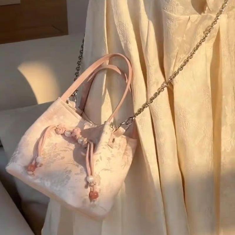 Chinese Style Female Crossbody Bags Summer Pink Shoulder Bags Retro Drawstring Bucket Top-handle Bags Women's Chain Handbags