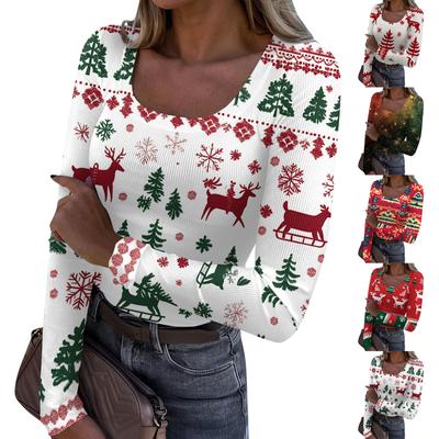Women's Fashion Slim Bottom Casual Long Sleeve Christmas Printed Pullover U Neck Top
