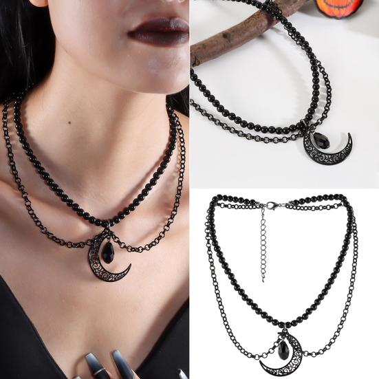 Gotisk Halskjede Kvinner Halloween Halskjede Svart Måne Anheng med Flerlags Metallkjeder Perler Flaggermus Choker Halskjede for Cosplay Kostymefest