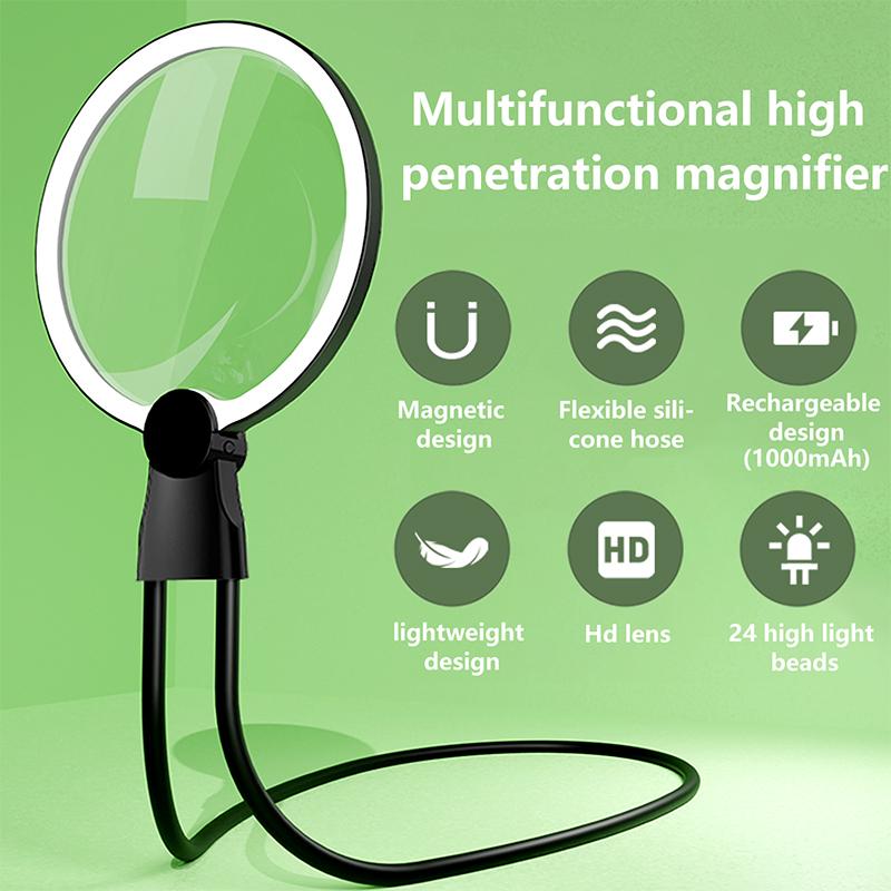 

New Magnifying Glass with Light for Reading: 5X Hands Free Magnifier for Neck Wear Seniors Sewing Low Vision Elderly чорний