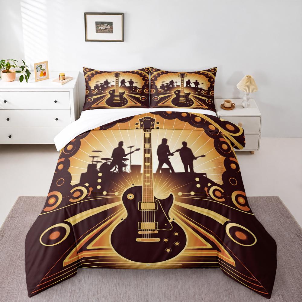 3 Piece Bedding Set Electric Guitar Band Silhouette Art Deco Retro Gold Brown Music for Adult Room Home Decor