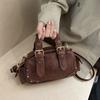 Women Retro Solid Color Niche Design Korean Style Daily Crossbody Boston Bag