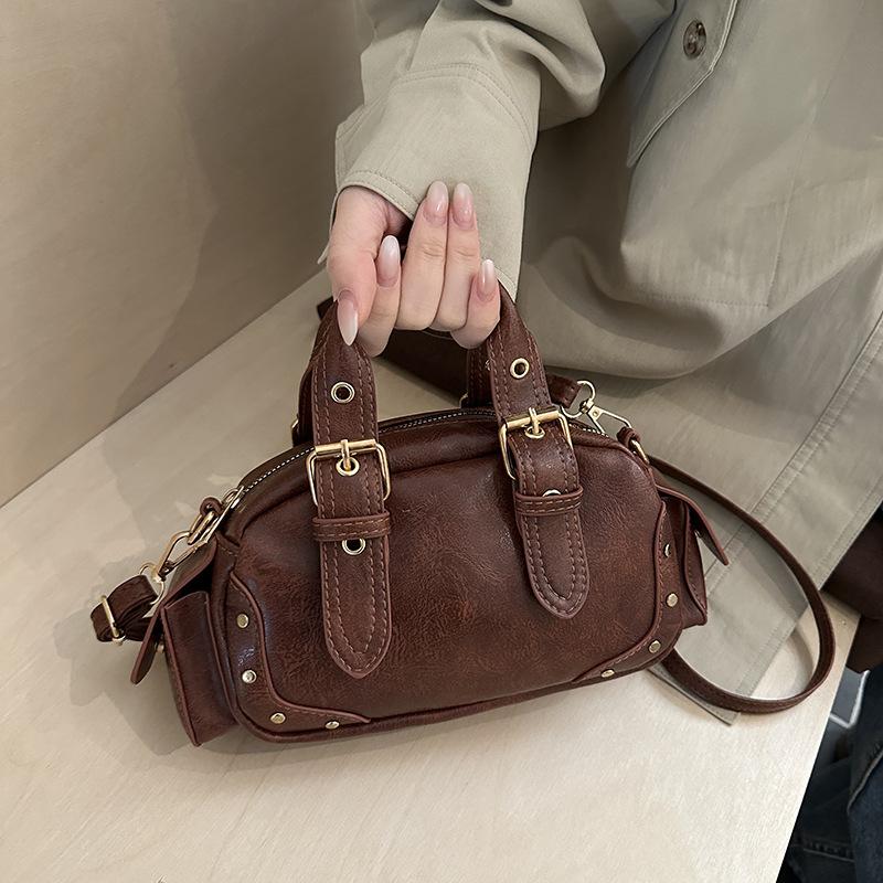Women Retro Solid Color Niche Design Korean Style Daily Crossbody Boston Bag